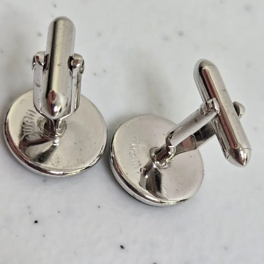 Swank Cufflinks Black Enamel Circle Silver Tone Shiny Black Onyx Bar